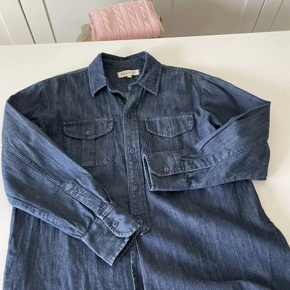 Madewell Womens XS Indigo Blue Dark Wash Denim Chambray Tunic Shirt Classic - Picture 4 of 9
